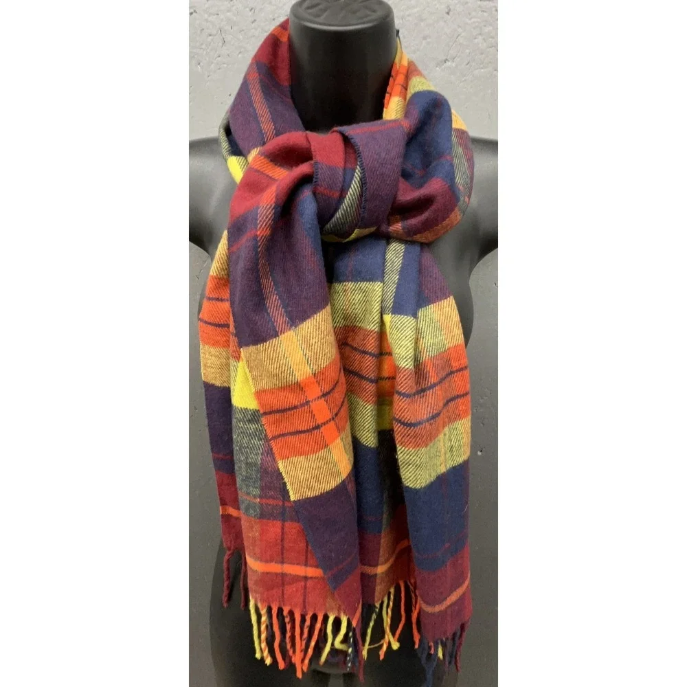 Lands End Scarf Wrap Shawl Multicolor Plaid Fringe Soft Preppy Cottage Lagenlook